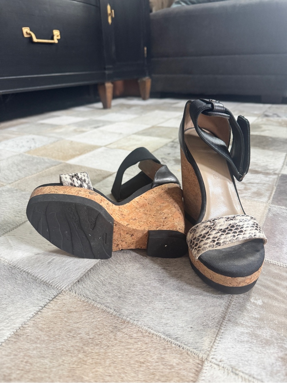 Jimmy Choo Black and Snake-Print Cork Wedge Sandals - Picture 5 of 5